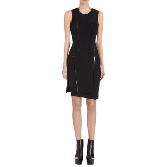 Helmut Lang Black Leather Trim Sleeveless Asymmetric Hem Sheath Dress - Picture 1 of 10